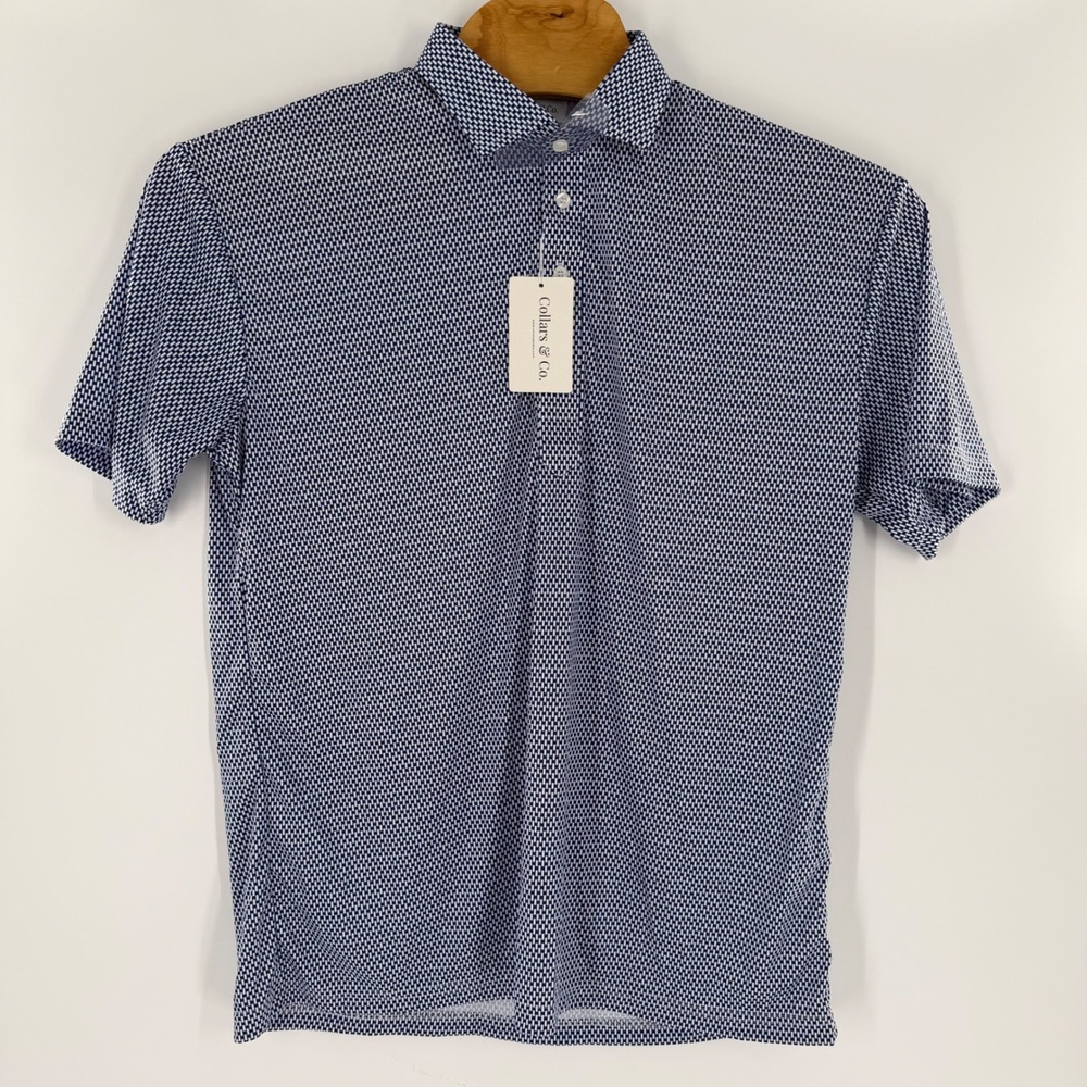 Collars & Co Mens Dress Collar Polo Shirt XL Navy White Geometric Print NWT